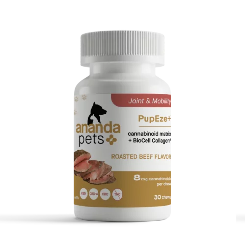 Bottle of Ananda Pets joint mobility chews, beef flavor.