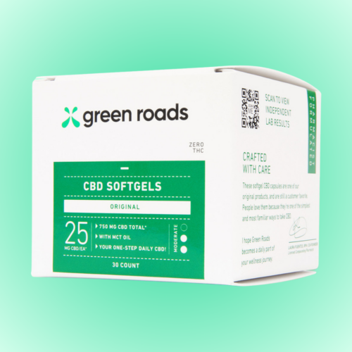 Green Roads CBD softgels packaging.