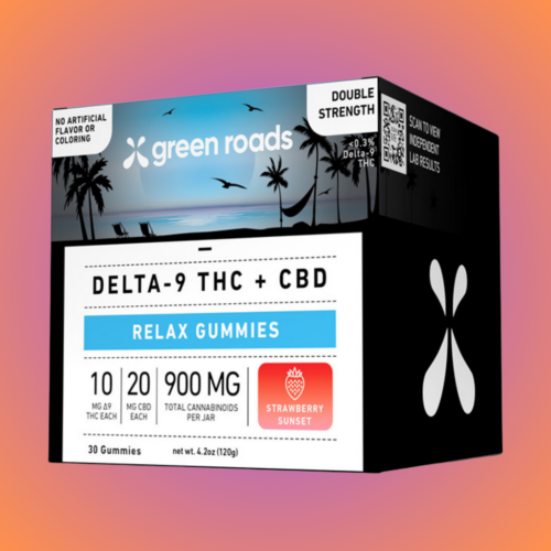 Delta-9 THC CBD gummies package with palm trees.